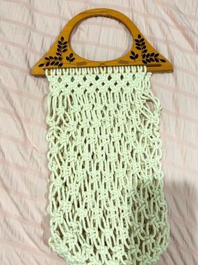 totes Cream Knit Macrame Tote with Decorative Wooden Handles